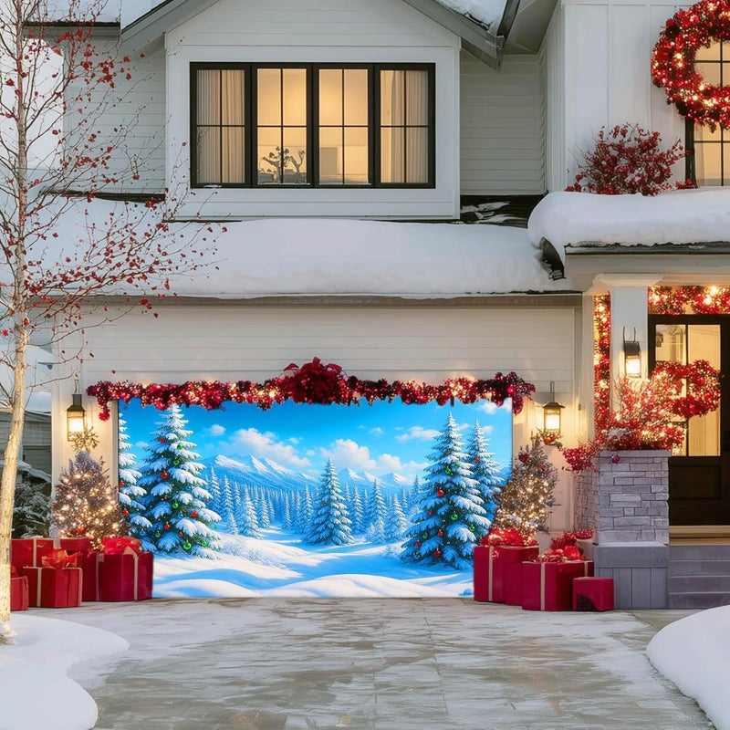 IVN Christmas Garage Door Cover Decoration 13x6ft Snow Covered Pine Trees Blue Mountain Forest Scene Merry Christmas Winter Garage Door Banner Home Door Front Yard Decor for Xmas Eve Holiday Outdoor - Image 4